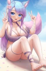 Rule 34 | 1girl, absurdres, animal ears, asymmetrical legwear, bad id, bad pixiv id, bare shoulders, barefoot, beach, bikini, blue eyes, blue hair, blush, breasts, choker, cleavage, collarbone, double v, fang, flower, flower choker, fox ears, gradient hair, gradient nails, hair flower, hair ornament, hair ribbon, halterneck, highres, hungrydurp, knees up, large breasts, long hair, looking at viewer, mismatched legwear, multicolored hair, nail polish, open mouth, ribbon, silvervale, silvervale (5th costume), sitting, sky, smile, solo, swept bangs, swimsuit, tail, thighs, toes, v, virtual youtuber, vshojo, wolf ears, wolf girl, wolf tail