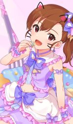 Rule 34 | 1girl, :d, arm ribbon, blue bow, bow, bow earrings, brown hair, collarbone, criss-cross halter, earrings, frilled skirt, frills, futami mami, hair between eyes, hair bow, halterneck, highres, holding, idolmaster, idolmaster (classic), inuyama nanami, jewelry, layered skirt, long hair, looking at viewer, midriff, miniskirt, navel, open mouth, polka dot, polka dot bow, purple ribbon, red eyes, ribbon, side ponytail, sitting, skirt, smile, solo, stomach, wrist cuffs
