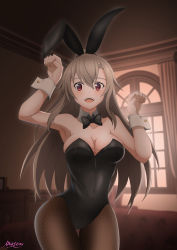 Rule 34 | 1girl, absurdres, animal ears, armpits, bare shoulders, breasts, brown hair, cleavage, eydis (sao), fake animal ears, highres, large breasts, long hair, looking at viewer, mysteryctu, open mouth, pantyhose, playboy bunny, rabbit ears, red eyes, smile, solo, sword art online, sword art online: alicization