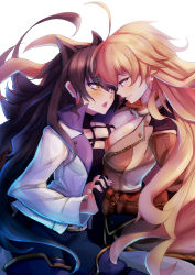 Rule 34 | 2girls, ahoge, animal ears, black gloves, black hair, black pants, blake belladonna, blonde hair, breasts, cat ears, cleavage, eye contact, fingerless gloves, floating hair, gloves, holding hands, interlocked fingers, jacket, large breasts, long hair, looking at another, medium breasts, multiple girls, nail polish, open clothes, open jacket, open mouth, orange eyes, pants, parted lips, pink nails, rwby, simple background, smile, very long hair, white background, white jacket, yang xiao long, yude, yuri