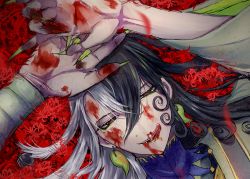 Rule 34 | 1boy, :q, arms up, ashiya douman (fate), asymmetrical hair, bell, black eyes, black hair, blood, blood from mouth, blood on face, blood on hands, curly hair, earrings, eyeshadow, fate/grand order, fate (series), fingernails, flower, flower request, green eyeshadow, green kimono, green lips, green nails, hair bell, hair between eyes, hair intakes, hair ornament, japanese clothes, jewelry, kimono, licking lips, lipstick, long hair, looking at viewer, lying, magatama, magatama earrings, makeup, male focus, multicolored hair, murasaki yuna, nail polish, nosebleed, on back, onmyouji, open hands, portrait, red flower, red pupils, sharp fingernails, solo, split-color hair, tongue, tongue out, two-tone hair, upper body, very long fingernails, very long hair, white hair