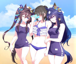 Rule 34 | 3girls, animal ears, arm hug, bare shoulders, beach, bikini, blue bikini, blue hair, blush, breasts, brown hair, cellphone, cleavage, clenched teeth, closed mouth, cloud, commentary request, covered navel, day, faceless, faceless female, frilled bikini, frills, groin, hair ribbon, holding, holding phone, horizon, horse ears, horse girl, horse tail, large breasts, long hair, looking at another, mole, mole under eye, multicolored hair, multiple girls, navel, nervous sweating, ocean, one eye closed, open mouth, outdoors, phone, ponytail, purple eyes, ribbon, romi (346 ura), sand, short hair, sidelocks, small breasts, smartphone, streaked hair, sweat, swimsuit, tail, teeth, tracen swimsuit, twintails, umamusume, verxina (umamusume), vivlos (umamusume), walking, yuri