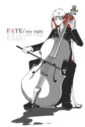 Rule 34 | 00s, 1boy, double bass, emiya shirou, fate/stay night, fate (series), formal, full body, instrument, male focus, monochrome, simple background, solo, spot color, suit