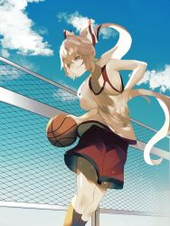 Rule 34 | 1girl, absurdres, armpits, basket, basketball, basketball jersey, blue sky, bow, chain-link fence, cloud, cropped legs, dribbling (basketball), fence, fujiwara no mokou, furrowed brow, grey hair, hair bow, highres, holding, holding basket, kneehighs, naufaldreamer, open mouth, outdoors, playing sports, red eyes, red shorts, running, shirt, shorts, sidelocks, sky, sleeveless, smile, socks, solo, sportswear, sweat, teeth, touhou, white bow, white hair, white shirt
