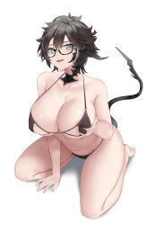 Rule 34 | 1girl, areola slip, arm support, au ra, barefoot, bikini, black-framed eyewear, black bikini, black horns, blue eyes, breasts, cleavage, commission, copyright request, dragon girl, dragon horns, dragon tail, final fantasy, final fantasy xiv, full body, glasses, grabbing own breast, hair between eyes, highres, horns, large breasts, looking at viewer, masaki nanaya, navel, o-ring, o-ring bikini, open mouth, scales, seiza, short hair, simple background, sitting, skeb commission, solo, swimsuit, tail, white background