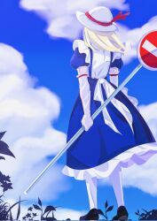 Rule 34 | 1girl, black footwear, blonde hair, blue dress, bow, cloud, corrupted twitter file, dress, elbow gloves, from behind, full body, gloves, guumin, hat, hat bow, hat ribbon, highres, holding, holding sign, kana anaberal, no entry sign, phantasmagoria of dim.dream, plant, puffy short sleeves, puffy sleeves, ribbon, road sign, short hair, short sleeves, sign, socks, sun hat, touhou, touhou (pc-98), white gloves, white headwear, white socks