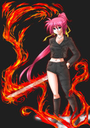 Rule 34 | 00s, 1girl, asymmetrical clothes, boots, fire, knee boots, laevatein (nanoha), long hair, lyrical nanoha, mahou shoujo lyrical nanoha, mahou shoujo lyrical nanoha a&#039;s, midriff, pink hair, ponytail, signum, single pantsleg, solo, sword, weapon, whip sword