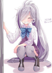 Rule 34 | 1girl, absurdres, ahoge, aqua bow, aqua bowtie, artist logo, asashimo (kancolle), asashimo kai ni (kancolle), blazer, boots, bow, bowtie, closed eyes, cross-laced footwear, dress, grey hair, grey thighhighs, grin, hair over one eye, halter dress, halterneck, highres, hizaka, jacket, kantai collection, lace-up boots, long sleeves, one-hour drawing challenge, ponytail, purple dress, sharp teeth, smile, solo, squatting, teeth, thighhighs, twitter username, white background, white jacket