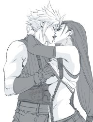 Rule 34 | 1boy, 1girl, blonde hair, breasts, closed eyes, clothes lift, cloud strife, final fantasy, final fantasy vii, final fantasy vii remake, french kiss, gloves, grabbing, grabbing another&#039;s breast, greyscale, groping, hetero, highres, hug, imminent penetration, kiss, large breasts, long hair, monochrome, muscular, rubbing, shirt lift, skirt, spykeee, stomach, suspenders, tifa lockhart