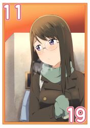 Rule 34 | 1girl, absurdres, bag, blush, breasts, breath, brown hair, closed mouth, coat, cold, commentary request, dated, glasses, green mittens, green scarf, highres, large breasts, long hair, looking to the side, love live!, love live! nijigasaki high school idol club, mittens, nijigasaki student council vice president, november, own hands together, purple eyes, scarf, school bag, shoulder bag, solo, waiting, winter clothes, winter coat, zasshoku ojisan