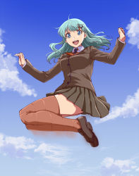 Rule 34 | 10s, 1girl, :d, aqua eyes, aqua hair, ascot, blouse, blue sky, brown serafuku, brown thighhighs, cloud, collared shirt, day, hair ornament, hairclip, hands up, ishii hisao, jacket, jumping, kantai collection, legs together, loafers, long hair, open mouth, outdoors, pleated skirt, school uniform, serafuku, shirt, shoes, skirt, sky, smile, solo, suzuya (kancolle), thighhighs, w arms, white shirt, wrists extended