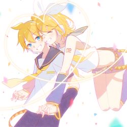 1boy 1girl ^_^ anniversary arm_tattoo asagao_minoru black_sailor_collar black_shorts black_sleeves blonde_hair blue_eyes bow character_name closed_eyes confetti detached_sleeves english_text grey_sailor_collar grin hair_bow headphones heart highres jumping kagamine_len kagamine_rin looking_at_another number_tattoo sailor_collar school_uniform serafuku shirt short_ponytail shorts smile tattoo teeth vocaloid white_background white_bow white_serafuku white_shirt yellow_serafuku