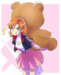 Rule 34 | 1girl, alternate costume, blue eyes, cleavage cutout, clothing cutout, commentary, doll, holding, holding doll, holding stuffed toy, iesupa, jacket, nora valkyrie, orange hair, pink skirt, rwby, rwby chibi, skirt, smile, solo, stuffed animal, stuffed toy, teddy bear, tongue, tongue out