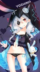 Rule 34 | 1girl, :q, animal hood, babydoll, bad id, bad pixiv id, black coat, black panties, blush, breasts, rabbit hood, character name, child, coat, collarbone, commentary request, cowboy shot, dark persona, date a live, eyepatch, fur trim, groin, hair between eyes, heart, heart background, highres, hood, hood up, long hair, looking back, navel, no pants, panties, pom pom (clothes), red eyes, revealing clothes, shimotsuki kagari, silver hair, small breasts, smile, solo, tongue, tongue out, underwear, yoshino (date a live), yoshinon