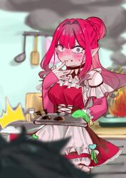 Rule 34 | 1boy, 1girl, :t, baking sheet, baobhan sith (fate), blurry, blurry background, blush, breasts, burnt food, caught, cookie, detached sleeves, dress, ear blush, eating, embarrassed, fate/grand order, fate (series), fire, food, food on face, frilled dress, frills, fujimaru ritsuka (male), grey eyes, hair bun, hand up, heart, heart-shaped cookie, highres, holding, holding tray, kitchen, long hair, medium breasts, out of frame, oven mitts, pink hair, pointy ears, red dress, sidelocks, smoke, solo focus, surprised, tray, ui 3138, wide-eyed