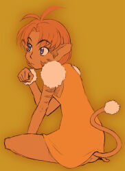Rule 34 | animal ears, antenna hair, armpits, ass, bob cut, body fur, brown fur, butt crack, cat girl, closed mouth, dark-skinned female, dark skin, dress, flat color, from behind, from side, full body, fur-trimmed dress, fur trim, hand on ground, indian style, kiikui chuu, leaning forward, looking afar, looking ahead, merle (tenkuu no escaflowne), no panties, on ground, parted bangs, paw pose, pink hair, pointy ears, purple eyes, short hair, simple background, sitting, sketch, sleeveless, sleeveless dress, striped, tail, tenkuu no escaflowne, yellow background, yellow dress