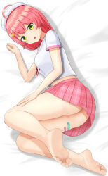 Rule 34 | 1girl, absurdres, ahoge, ass, bandaid on thigh, bare legs, barefoot, bed sheet, beret, breasts, feet, from above, full body, green eyes, hair ornament, hand up, hat, highres, hololive, legs, looking at viewer, lying, medium breasts, medium hair, midriff peek, miniskirt, navel, official alternate costume, on side, open mouth, pink skirt, plaid, plaid skirt, pleated skirt, sakura miko, shadow, shiny skin, shirt, short sleeves, sidelocks, skirt, soles, solo, tamagotozi3420, thighs, toes, virtual youtuber, white hat, white shirt