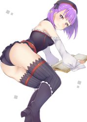 Rule 34 | 1girl, ashino, ass, bare shoulders, black legwear, black panties, breasts, closed mouth, detached collar, detached sleeves, dress, fate/grand order, fate (series), hat, helena blavatsky (fate), looking at viewer, panties, purple eyes, purple hair, short hair, small breasts, smile, solo, strapless, strapless dress, underwear, white background