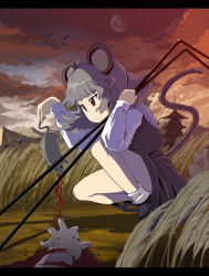 Rule 34 | 1girl, animal ears, blood, female focus, grey hair, highres, letterboxed, mouse (animal), mouse ears, mouse tail, nazrin, red eyes, short hair, solo, syope, tail, touhou