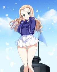 Rule 34 | 10s, 1girl, bad id, bad twitter id, bc freedom military uniform, blonde hair, blue flag, blue jacket, blue vest, cloud, cloudy sky, commentary, cowboy shot, day, dress shirt, drill hair, emblem, girls und panzer, gluteal fold, green eyes, hands on own face, high collar, jacket, long hair, long sleeves, looking at viewer, marie (girls und panzer), military, military uniform, miniskirt, open mouth, outdoors, petals, pleated skirt, ponytail korosuke, shirt, skirt, sky, solo, standing, tank cupola, thigh gap, thighs, uniform, vest, white shirt, white skirt