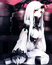 Rule 34 | 10s, 1girl, abyssal ship, blush, boots, breasts, claws, detached sleeves, dress, female focus, horns, kantai collection, knee boots, large breasts, long hair, looking at viewer, otokuyou, pale skin, red eyes, ribbed dress, seaport princess, short dress, sideboob, single horn, sitting, solo, very long hair, wariza, white footwear, white hair