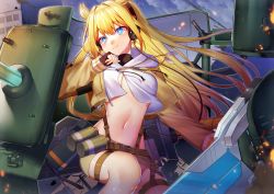 Rule 34 | + +, 1girl, absurdres, ash arms, bad id, bad pixiv id, blonde hair, blue eyes, breasts, brown jacket, cleavage, commentary request, crop top, crop top overhang, cropped jacket, dog tags, fingerless gloves, floating hair, gloves, headphones, highres, hood, hood down, huge filesize, ion (on01e), jacket, large breasts, long hair, m26 pershing (ash arms), machinery, midriff, miniskirt, navel, open clothes, open jacket, pencil skirt, revision, shirt, skirt, smile, solo, stomach, turret, very long hair, white shirt
