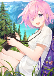 Rule 34 | 1girl, :d, acco (sh in), alternate costume, backpack, badge, bag, breasts, button badge, camera, casual, commentary, day, denim, denim shorts, eyes visible through hair, fate/grand order, fate (series), grass, hair over one eye, highres, holding, holding camera, lake, mash kyrielight, medium breasts, mountain, nature, open mouth, outdoors, pink hair, purple eyes, shirt, short hair, short sleeves, shorts, sitting, smile, solo, t-shirt, tree, white shirt
