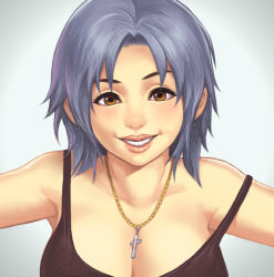 Rule 34 | 1girl, bad id, bad pixiv id, borrowed character, breasts, brown eyes, character request, cleavage, cross, cross necklace, eyebrows, eyeliner, jewelry, large breasts, lips, lipstick, looking at viewer, makeup, maou alba, necklace, original, parted bangs, portrait, short hair, silver hair, smile, solo, spaghetti strap, strap slip