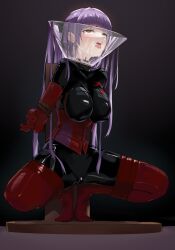 Rule 34 | 1girl, arms behind back, asagami fujino, bdsm, black gloves, bodysuit, bondage, bondage outfit, boots, bound, breasts, corset, cum, cum in mouth, fate/grand order, fate (series), gloves, gokkun, highres, impossible clothes, kara no kyoukai, large breasts, latex, latex bodysuit, latex gloves, latex legwear, long hair, open mouth, purple hair, red corset, red eyes, red footwear, red gloves, rope, skindentation, solo, squatting, thigh boots, tongue, tongue out