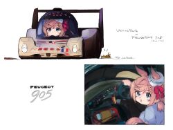 Rule 34 | 1girl, :d, animal ears, balladeluce, blue eyes, blush, bow, braid, brown hair, car, car interior, character name, chibi, driving, french flag, hair bow, hat, highres, holding, horse ears, horse girl, horse tail, le mans prototype, low twintails, mini hat, motor vehicle, open mouth, peugeot, peugeot 905, race vehicle, racecar, red bow, sailor hat, short hair, short twintails, smile, steering wheel, tail, twintails, umamusume, vehicle focus, vehicle name, venus paques (umamusume), white headwear