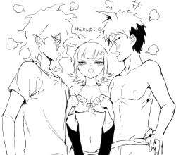 1girl 2boys puff_of_air ahoge alternate_costume angry bikini blush breasts chinese_commentary cleavage collarbone commentary_request danganronpa_(series) danganronpa_2:_goodbye_despair frilled_bikini frills greyscale hair_ornament hairclip highres hinata_hajime komaeda_nagito looking_at_another looking_at_viewer mole mole_on_breast monochrome multiple_boys nanami_chiaki navel official_alternate_costume open_mouth shirt short_hair short_sleeves stomach swimsuit translated tuteurfars_shin