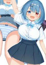 Rule 34 | 1girl, :d, alternate costume, arm up, blue bow, blue eyes, blue hair, blue neckwear, blue skirt, blush, bow, bow panties, breasts, buttons, clothes lift, collared shirt, commentary request, hair ornament, hairclip, heterochromia, large breasts, looking at viewer, miniskirt, open mouth, panties, piyodesu, red eyes, school uniform, self exposure, shirt, short hair, short sleeves, simple background, skirt, skirt lift, smile, solo, striped clothes, striped panties, symbol-shaped pupils, tatara kogasa, thighs, touhou, underwear, white shirt, wing collar, x hair ornament