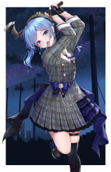 Rule 34 | 1girl, aiming, aiming at viewer, axe, belt, beret, black gloves, blue belt, blue bow, blue eyes, blue hair, border, bow, bracelet, crown, dress, foot out of frame, gloves, grey dress, hat, hatchet (axe), highres, holding, holding axe, hololive, hoshimachi suisei, hoshimachi suisei (1st costume), jewelry, looking at viewer, mini crown, night, night sky, open mouth, partially fingerless gloves, plaid, plaid dress, plaid headwear, revision, shoes, side ponytail, sido (ama r007), single thighhigh, sky, solo, standing, standing on one leg, star (sky), starry sky, swinging, thigh strap, thighhighs, virtual youtuber, white border