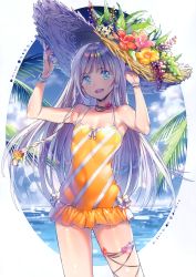 Rule 34 | 1girl, :d, absurdres, bare shoulders, blue eyes, blush, bracelet, braid, casual one-piece swimsuit, choker, covered navel, dsmile, flat chest, flower, food, fruit, grapes, hat, highres, jewelry, long hair, looking at viewer, one-piece swimsuit, open mouth, orange one-piece swimsuit, original, scan, side braid, silver hair, simple background, smile, solo, straw hat, swimsuit, swimsuit skirt, thigh strap, yellow one-piece swimsuit