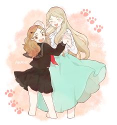 Rule 34 | 2girls, :d, age difference, black skirt, blonde hair, blue skirt, blush, brown eyes, brown hair, character name, earrings, closed eyes, haiba arisa, haikyuu!!, hair ornament, hairclip, holding hands, jewelry, long hair, long skirt, long sleeves, multiple girls, open mouth, paw print, school uniform, simple background, skirt, smile, standing, stud earrings, trimcoco, twintails, yamamoto akane