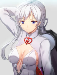 Rule 34 | 1girl, arm up, blue eyes, breasts, center opening, cleavage, closed mouth, dress, expressionless, grey background, holding, holding sword, holding weapon, homewrecker, lips, long sleeves, looking at viewer, medium breasts, short hair with long locks, silver hair, simple background, single sidelock, sinoalice, snow white (sinoalice), solo, sword, tsurime, upper body, weapon, weapon on back, white dress