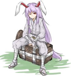 Rule 34 | 1girl, alternate costume, animal ears, bad id, bad twitter id, forbidden scrollery, full body, japanese clothes, kankan33333, long hair, looking at viewer, one eye closed, purple hair, rabbit ears, red eyes, reisen udongein inaba, simple background, smile, solo, touhou, very long hair, white background