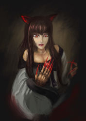 Rule 34 | 1girl, amibazh, animal ears, breasts, brooch, brown hair, cleavage, dark background, dress, fangs, fingernails, fur, imaizumi kagerou, jewelry, lips, lipstick, long hair, long sleeves, looking at hands, makeup, off-shoulder dress, off shoulder, red eyes, sharp fingernails, solo, tail, touhou, white dress, wolf ears, wolf tail