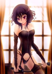 Rule 34 | 1girl, amamiya ayane, bdsm, black hair, blush, breasts, bustier, dominatrix, fortissimo//akkord:bsusvier, garter straps, highres, hiiragitogetoge, looking at viewer, purple eyes, riding crop, smile, solo, thighhighs, zipper