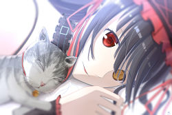 Rule 34 | 1girl, absurdres, bell, neck bell, black hair, blurry, cat, choker, clock eyes, collar, date a live, depth of field, grey cat, hairband, heterochromia, highres, lace, lace choker, lolita hairband, lying, maple rain, parted lips, smile, solo, symbol-shaped pupils, tokisaki kurumi