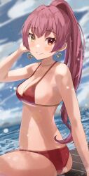 Rule 34 | 1girl, absurdres, blue sky, blush, breasts, cleavage, cloud, earrings, gold earrings, gold necklace, haru yu, heart, heart earrings, heart necklace, heterochromia, highres, hololive, houshou marine, houshou marine (summer), jewelry, large breasts, looking at viewer, necklace, official alternate costume, ponytail, red eyes, sky, smile, solo, virtual youtuber, water, yellow eyes