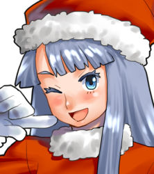 Rule 34 | 1girl, ;d, blue eyes, finger to mouth, fur trim, gloves, hat, long hair, looking at viewer, lowres, maruchiro, one eye closed, open mouth, red hat, santa costume, santa hat, smile, solo, upper body, wink