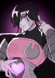 1boy absurdres androgynous android black_hair brown_hair colored_skin gloves gradient_background hair_over_one_eye heart highres looking_at_viewer male_focus mettaton mettaton_ex purple_background robot short_hair smile undertale upper_body yoshino_(q_sci)