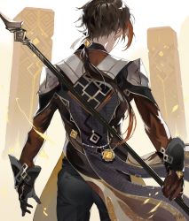 Rule 34 | 1boy, absurdres, black gloves, brown hair, coattails, commentary, earrings, english commentary, formal, from behind, genshin impact, gloves, gradient hair, hair between eyes, hair tie, highres, holding, holding polearm, holding weapon, jacket, jewelry, kamui (kurohshiro1), long hair, long sleeves, male focus, multicolored hair, orange hair, polearm, ponytail, single earring, solo, stele, suit, tassel, tassel earrings, thumb ring, vision (genshin impact), weapon, white background, zhongli (genshin impact)