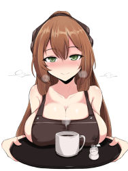 Rule 34 | 1girl, apron, blush, breast rest, breasts, brown hair, carried breast rest, carrying, cleavage, coffee, coffee mug, covered erect nipples, cup, girls&#039; frontline, green eyes, hair between eyes, hair ribbon, heavy breathing, highres, holding, holding tray, kumasteam, lactation, lactation through clothes, large breasts, long hair, looking at viewer, milk, mug, naked apron, nose blush, pitcher (container), ribbon, sidelocks, simple background, smile, solo, springfield (girls&#039; frontline), steam, sweat, sweatdrop, tray, white background