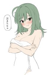 Rule 34 | 1girl, after bathing, ahoge, bare arms, bare shoulders, blush, breast hold, breasts, cleavage, closed mouth, collarbone, commentary request, crossed arms, eyes visible through hair, flat color, green hair, hair between eyes, hair down, hair ribbon, heart, highres, large breasts, naked towel, ribbon, riddle joker, shikibe mayu, simple background, sketch, smile, solo, speech bubble, tft (tft7822), towel, translated, tsurime, upper body, wet, wet hair, white background