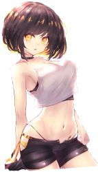 Rule 34 | 1girl, absurdres, arms at sides, black hair, black shorts, bob cut, breasts, bustier, camisole, choker, cleavage, colored inner hair, commission, cowboy shot, crop top, highleg, highleg panties, highres, large breasts, linea alba, looking at viewer, medium hair, multicolored hair, navel, open fly, open mouth, orange eyes, orange hair, original, panties, panties under shorts, panty straps, reizouko, shirt, short shorts, shorts, sideboob, simple background, skeb commission, sleeveless, stomach, swept bangs, tattoo, transparent background, two-tone hair, underwear, white background, white shirt, wide hips