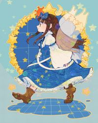 Rule 34 | 1girl, blue skirt, blue vest, boots, brown footwear, brown hair, fairy wings, from side, full body, green background, highres, itomugi-kun, long hair, long sleeves, shirt, skirt, sleeves past wrists, smile, solo, star (symbol), star sapphire, touhou, vest, walking, white shirt, wide sleeves, wings