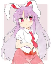 Rule 34 | 1girl, animal ears, border, brown background, carrot pin, closed mouth, collared shirt, cowboy shot, highres, ini (inunabe00), long hair, looking at viewer, necktie, pink skirt, puffy short sleeves, puffy sleeves, purple hair, rabbit ears, red eyes, red necktie, reisen udongein inaba, shirt, short sleeves, simple background, skirt, solo, standing, touhou, white border, white shirt