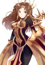 Rule 34 | 1girl, arm guards, armor, armored dress, blush, bodysuit, brown eyes, brown hair, cowboy shot, ear protection, headdress, headpiece, highres, league of legends, leona (league of legends), long hair, looking at viewer, rmm, serious, shield, simple background, solo, standing, tears, white background